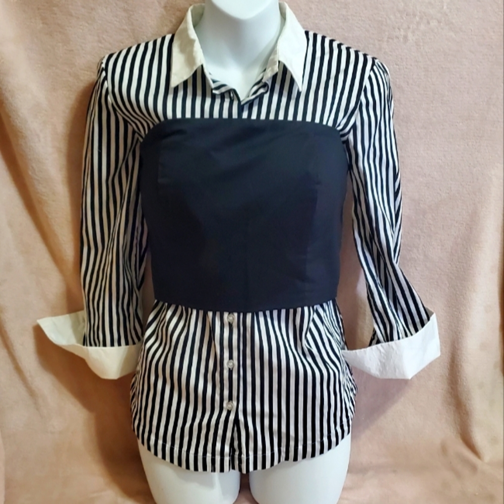 Like NEW New York & Co Striped Button Down Shirt w/ Black Corset Overlay Sz S